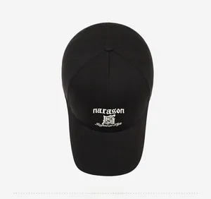 Top view of black cotton baseball cap with white narason embroidery and graphic logo