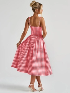 French style red and white plaid backless midi dress with spaghetti straps and A-line skirt