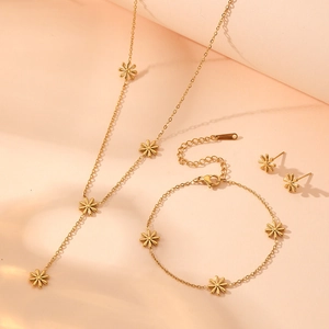 Golden stainless steel daisy flower jewelry set with necklace, bracelet and stud earrings