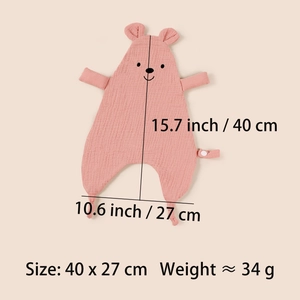 Pink muslin cotton baby security blanket with bear head and size dimensions 40x27cm