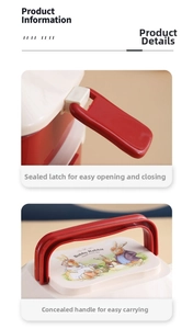 Detail view showing the secure side buckles and foldable handle of the rabbit lunch box
