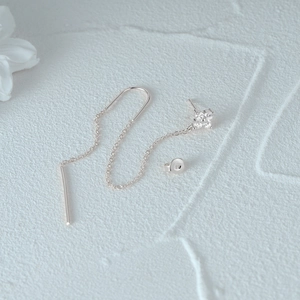 Macro detail of S925 silver tassel clover earrings with zircon inlay on stone surface
