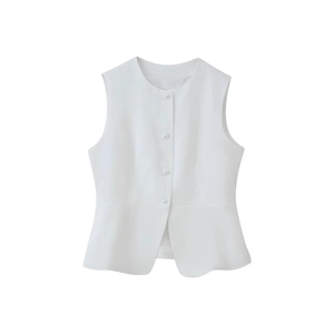 White sleeveless peplum top with pearl buttons and sleek round neck minimalist style