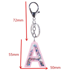 Pink acrylic letter A keychain with sequins and silver lobster clasp, 72mm total length
