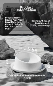 Detailed dimensions of white ceramic anti-spill cat bowl with ergonomic elevated design