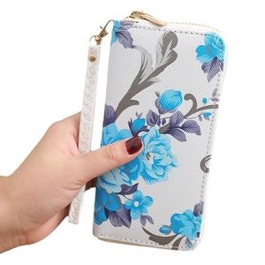 Vertical floral zip-around wallet for women with blue rose print and wrist strap