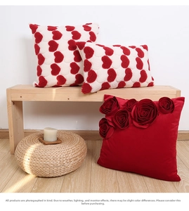 Detailed view of red velvet pillows with 3D satin roses and textured chenille hearts