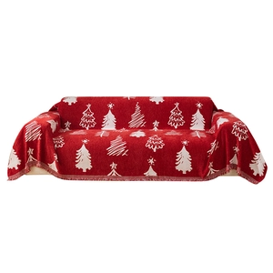 Christmas red sofa throw blanket with white fir tree patterns and decorative fringe edges