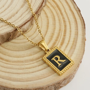 Minimalist 18K gold plated stainless steel square pendant necklace featuring letter R