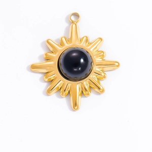 18k gold plated sunburst pendant featuring a natural black obsidian stone center