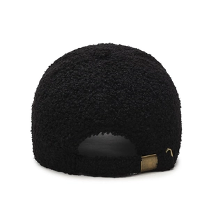 Back view of black teddy fleece baseball cap with adjustable bronze metal buckle strap