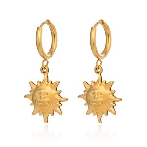 Vintage 18K gold plated stainless steel sun face pendant earrings in symmetrical layout