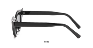 Side view of trendy black cat-eye sunglasses with wide temples and glossy finish