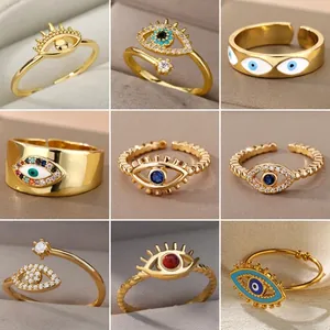 Bohemian gold plated evil eye rings set with colorful zircons and adjustable bands