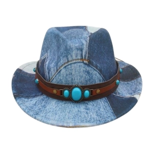Detail of denim patchwork sun hat with turquoise stones and studded leather band