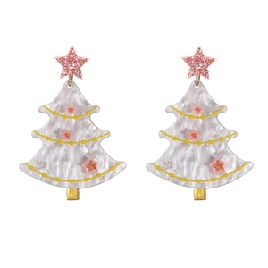 Festive Christmas tree earrings in white acrylic with pink stars and golden accents