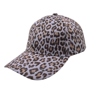 Close-up of leopard print baseball cap showing fabric texture and stitched eyelets