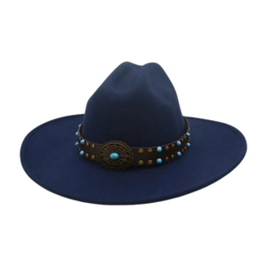 Retro Western Cowboy Hat Wool Felt Wide Brim Ethnic Style Leather Belt Turquoise Beads Vintage Buckle Men Women