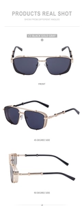 Three-angle views of punk square sunglasses with gold metal mesh side shields and dark lens