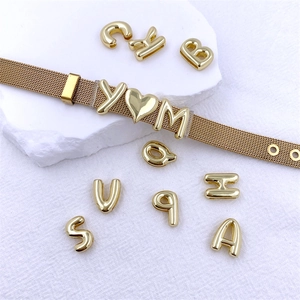Slide Letter Charms Alphabet Heart Shape Copper Gold Plated Retro Puffy Style For Mesh Band Bracelet Jewelry Accessories
