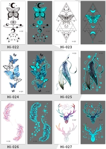 Luminous tattoo stickers set featuring glowing butterfly, feather and deer designs