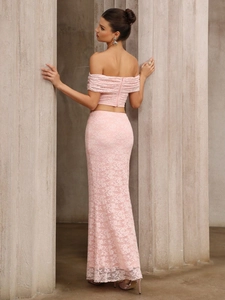 Elegant pink lace two-piece set featuring off-shoulder top and maxi skirt, back view