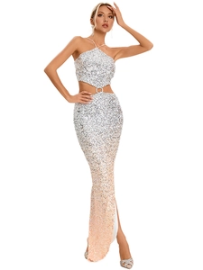 Sleeveless silver to peach gradient sequin evening gown with side cutout and long slit