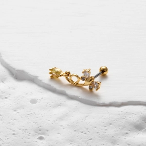 Macro shot of gold stainless steel screw-back stud earring with yellow zirconia crystals