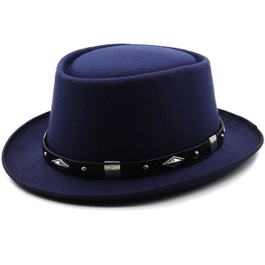 Classic navy wool felt bowler hat with black leather band and silver rivet accents