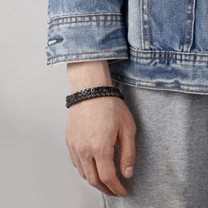 Men's double layer stainless steel chain and braided dark brown leather bracelet set