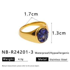 Detailed view of gold stainless steel ring with inlaid blue natural crushed stone