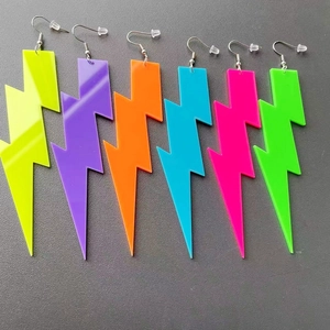 Set of large neon acrylic lightning bolt drop earrings in six vibrant geometric colors