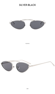 Front and side view of silver metal cat-eye sunglasses with dark black lenses