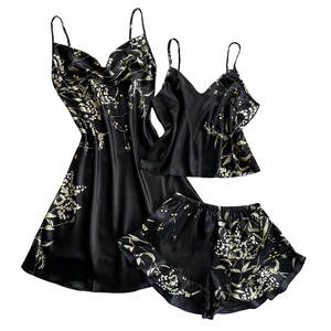 Ensemble de pyjama 3 pièces en satin noir avec imprimé floral et bretelles fines