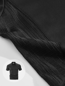 Detailed close-up showing textured knit fabric and stitching on men black polo shirt
