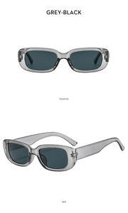 Close-up of retro grey-black rectangular sunglasses showing front and side views