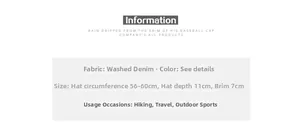 Detailed chart showing size parameters for washed denim baseball caps for outdoor use