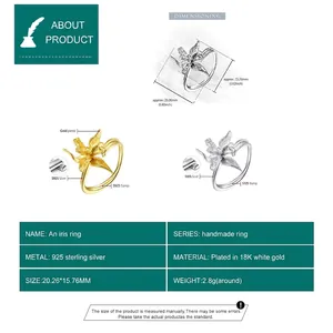 Handmade S925 sterling silver iris flower open ring with dimensions and technical specifications