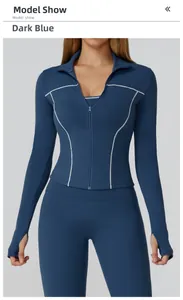 Detail of slim fit navy yoga jacket with contrast white lines and functional thumbholes