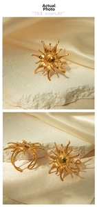 Macro detail of sunburst motif stainless steel ring with polished golden finish