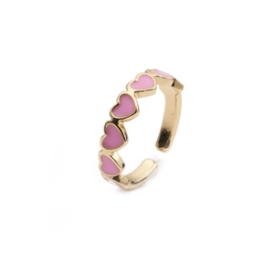 Adjustable gold ring with colorful pink enamel hearts for women, sweet minimalist style