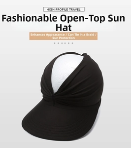 Detail of black open top sun hat showing breathable pleated fabric and wide brim