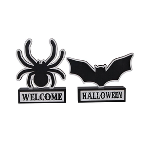 Halloween wooden tabletop decorations featuring spider and bat with Welcome text