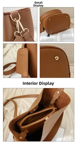 Detail view of tan bucket bag with gold hardware, metal studs, and zipper pouch