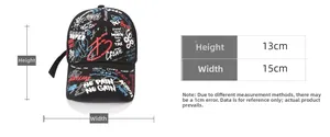 Détail de la casquette graffiti avec dimensions de 13 cm de haut et 15 cm de large