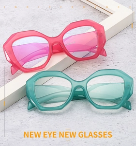 Macro detail of geometric candy-colored spectacle frames showing specs on the temple