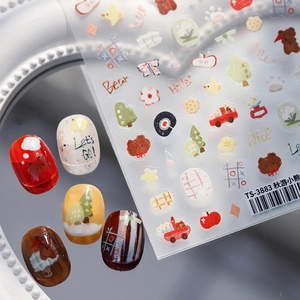 Cartoon autumn bear nail art stickers TS-3883 with cute apple and tree patterns