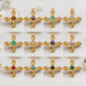 Vintage 18k gold titanium steel cross pendants with multi-color natural tiger eye stones