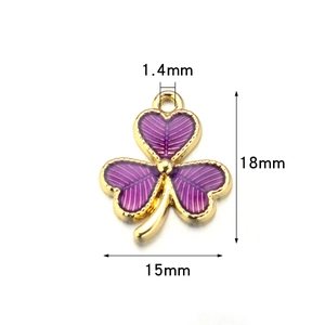 Purple clover alloy charm with gold trim and dimensional measurements for DIY jewelry