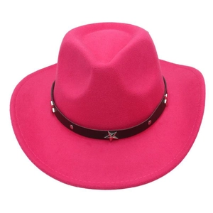 Close-up of bright pink western cowboy hat with black leather band and silver star stud